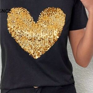 Black T-Shirt with Gold Sequin Heart